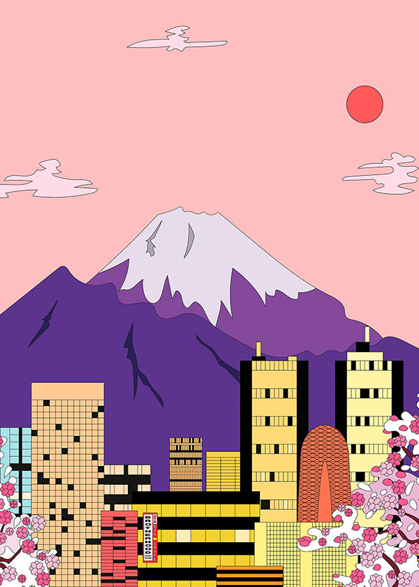 Cuadro de ciudades con Fuji y sakura