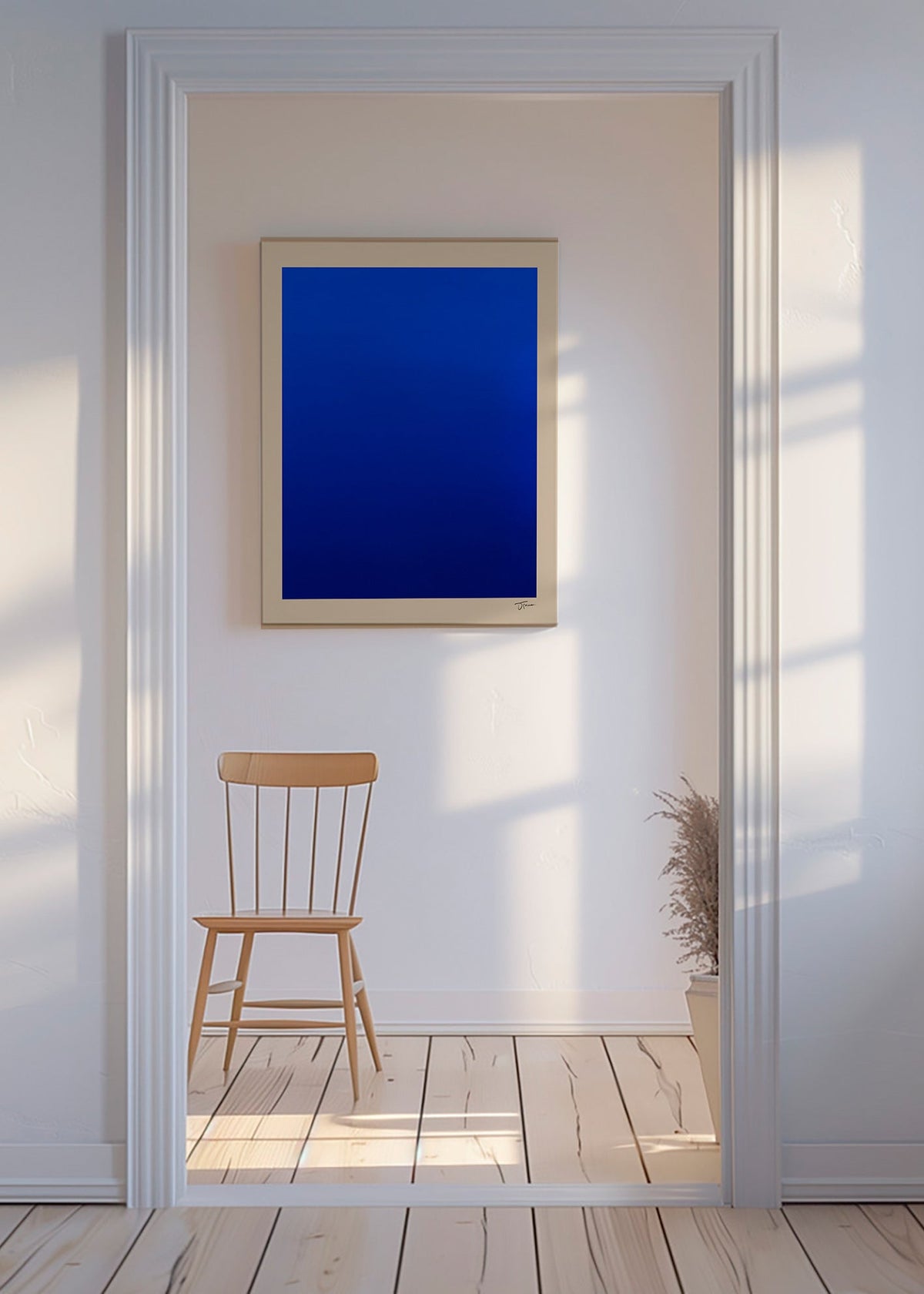 Cuadro abstracto con campo azul y borde beige – Canvas
