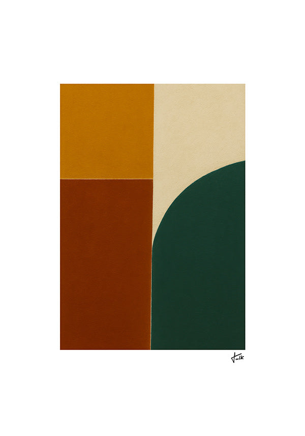 Cuadro geométrico con curva verde y bloques ocres