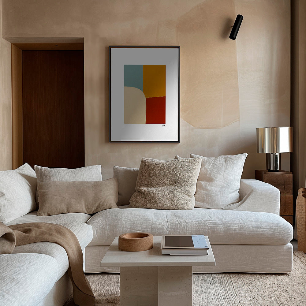 Cuadro geométrico con curva y bloques ocres – Canvas2