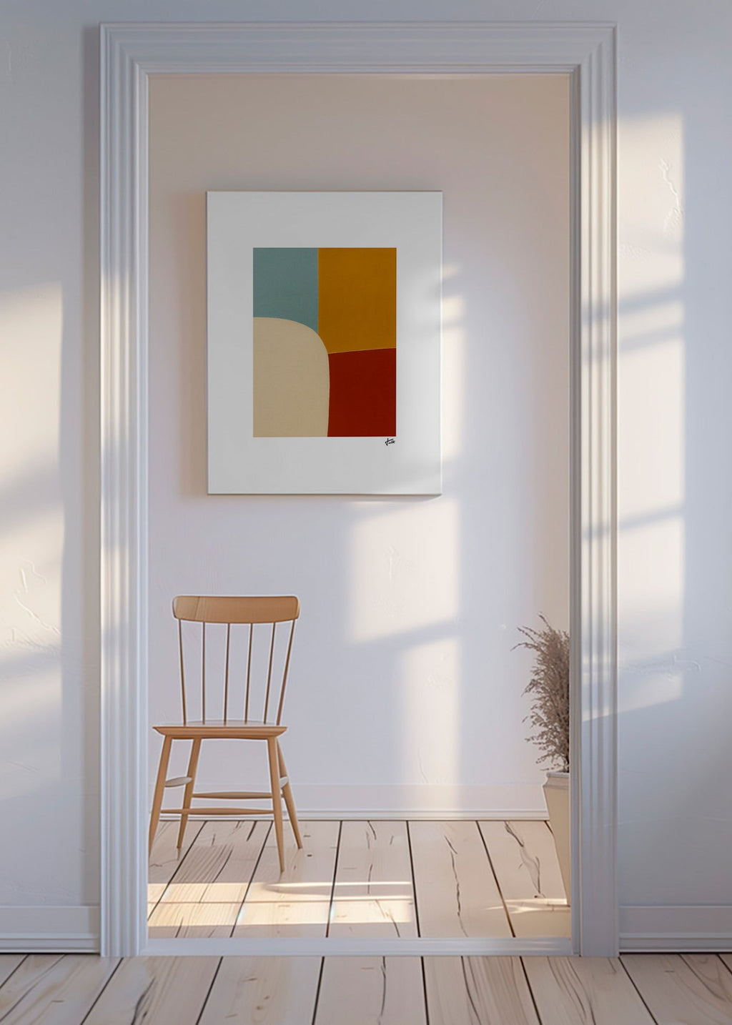 Cuadro geométrico con curva y bloques ocres – Canvas