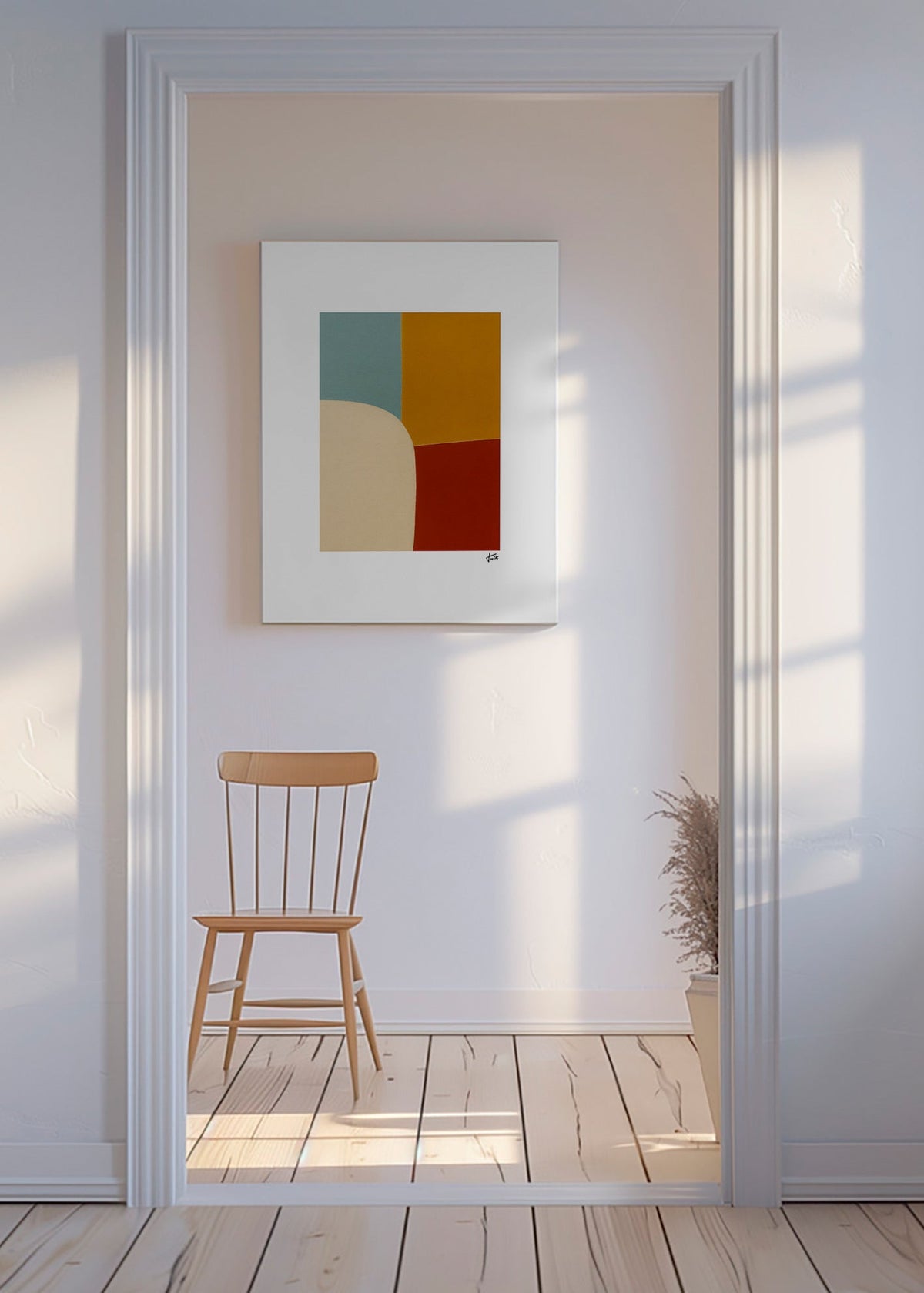 Cuadro geométrico con curva y bloques ocres – Canvas
