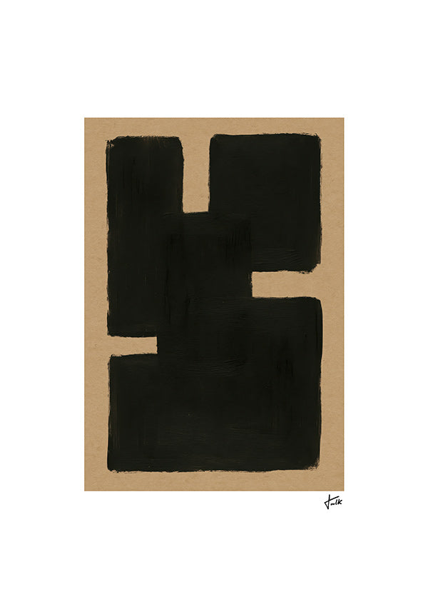 Cuadro abstracto con formas negras sobre papel kraft