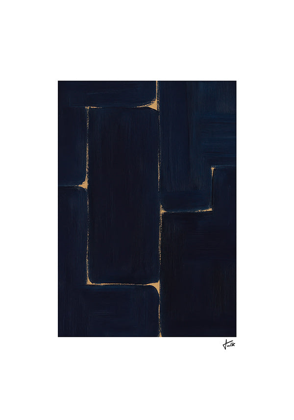 Cuadro abstracto azul profundo con vetas doradas