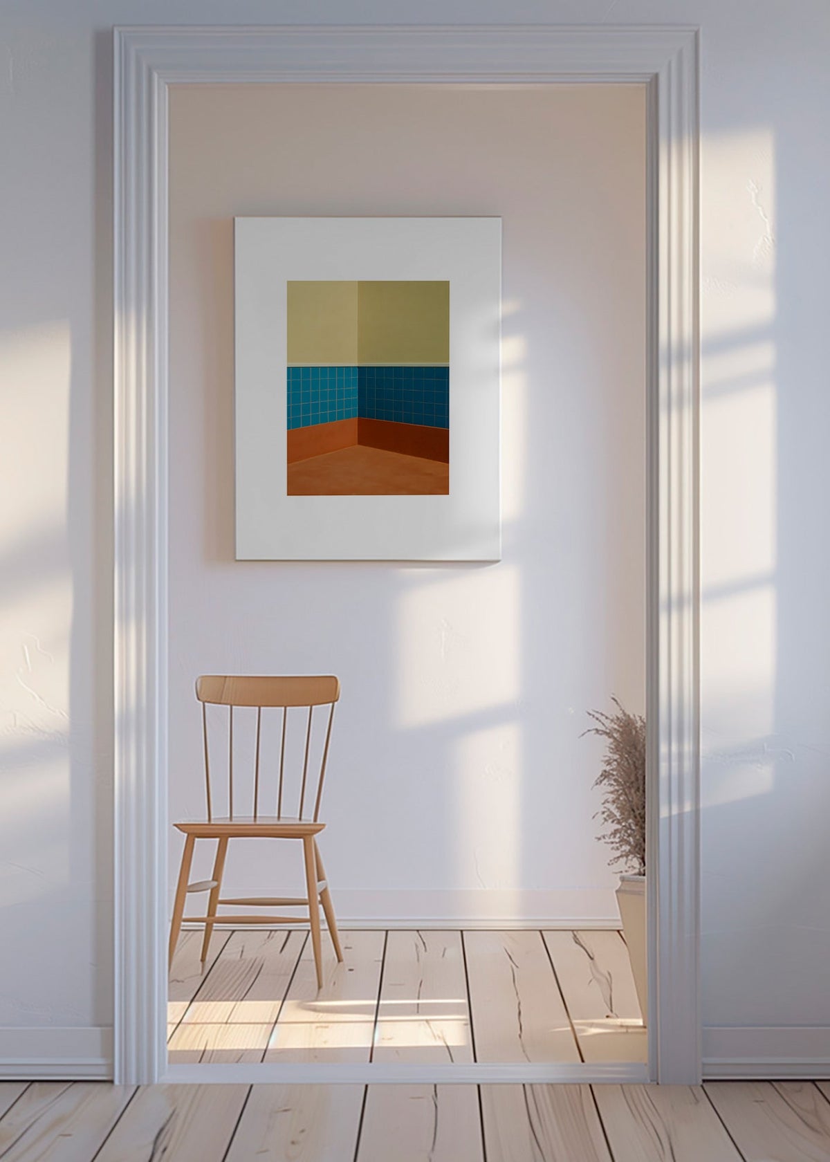 Cuadro minimalista: esquina de azulejos azules y suelo terracota – Canvas