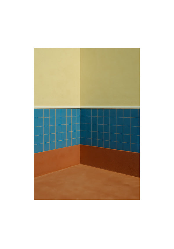 Cuadro minimalista: esquina de azulejos azules y suelo terracota