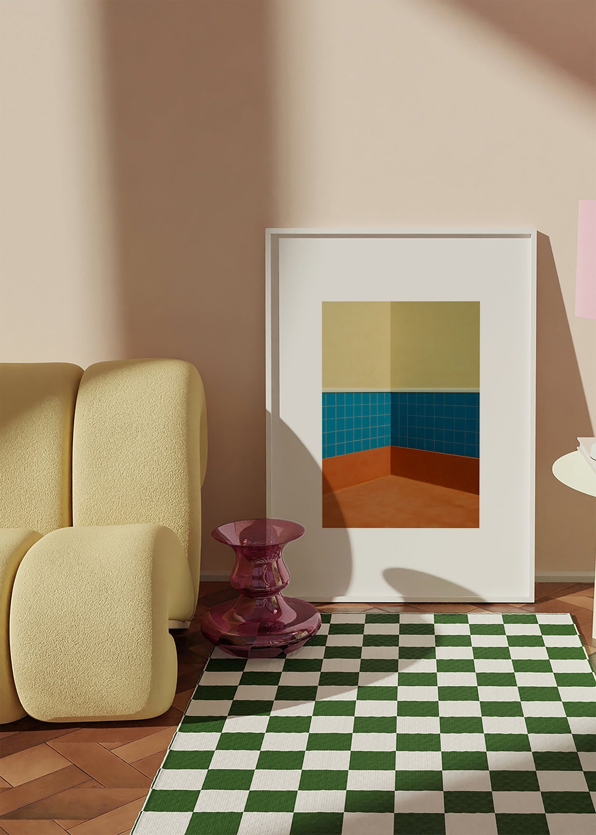 Cuadro minimalista: esquina de azulejos azules y suelo terracota – Product3