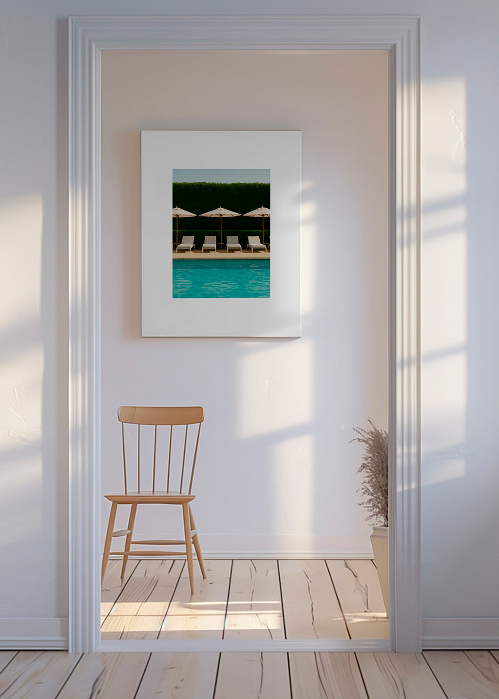 Fotografía de piscina con sombrillas y líneas limpias – Canvas
