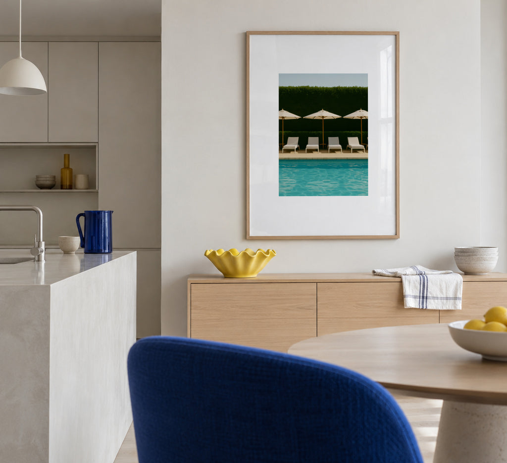 Poolside Silence I - Framed poster in an interior