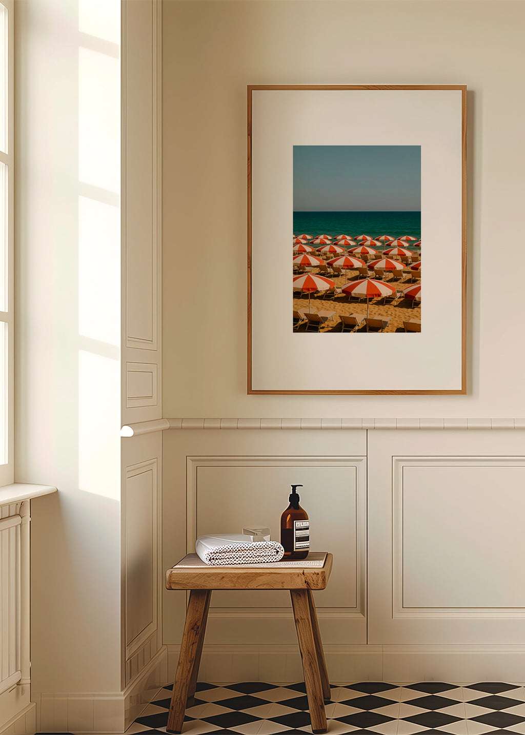 Cuadro de paisaje con sombrillas rojas en playa – Product2