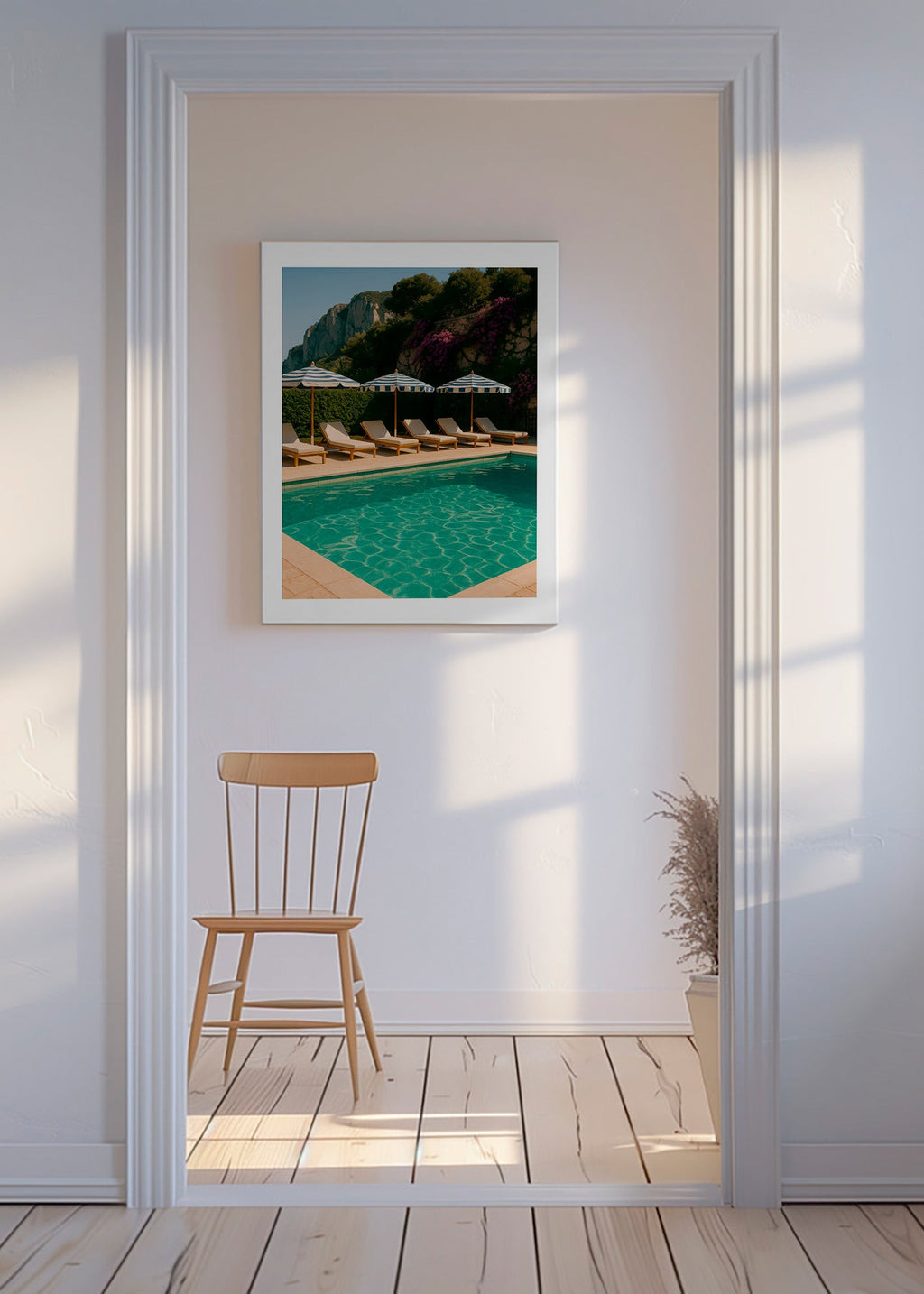 Fotografía de piscina con sombrillas y tumbonas – Canvas