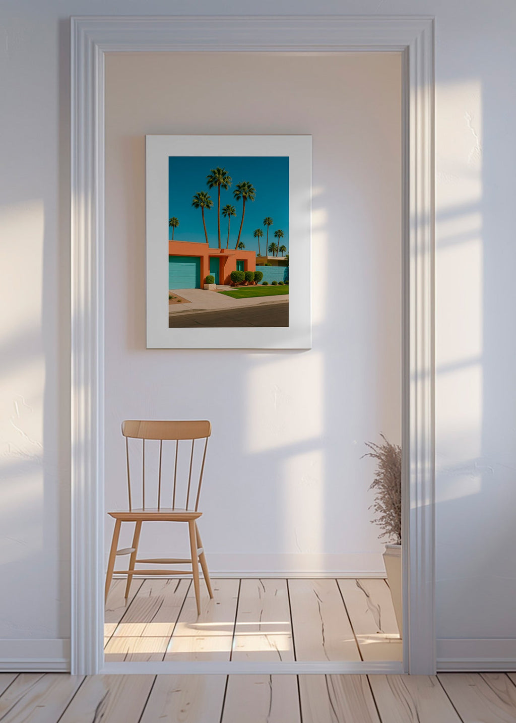 Lámina botánica Palm House con palmeras y fachada coral – Canvas