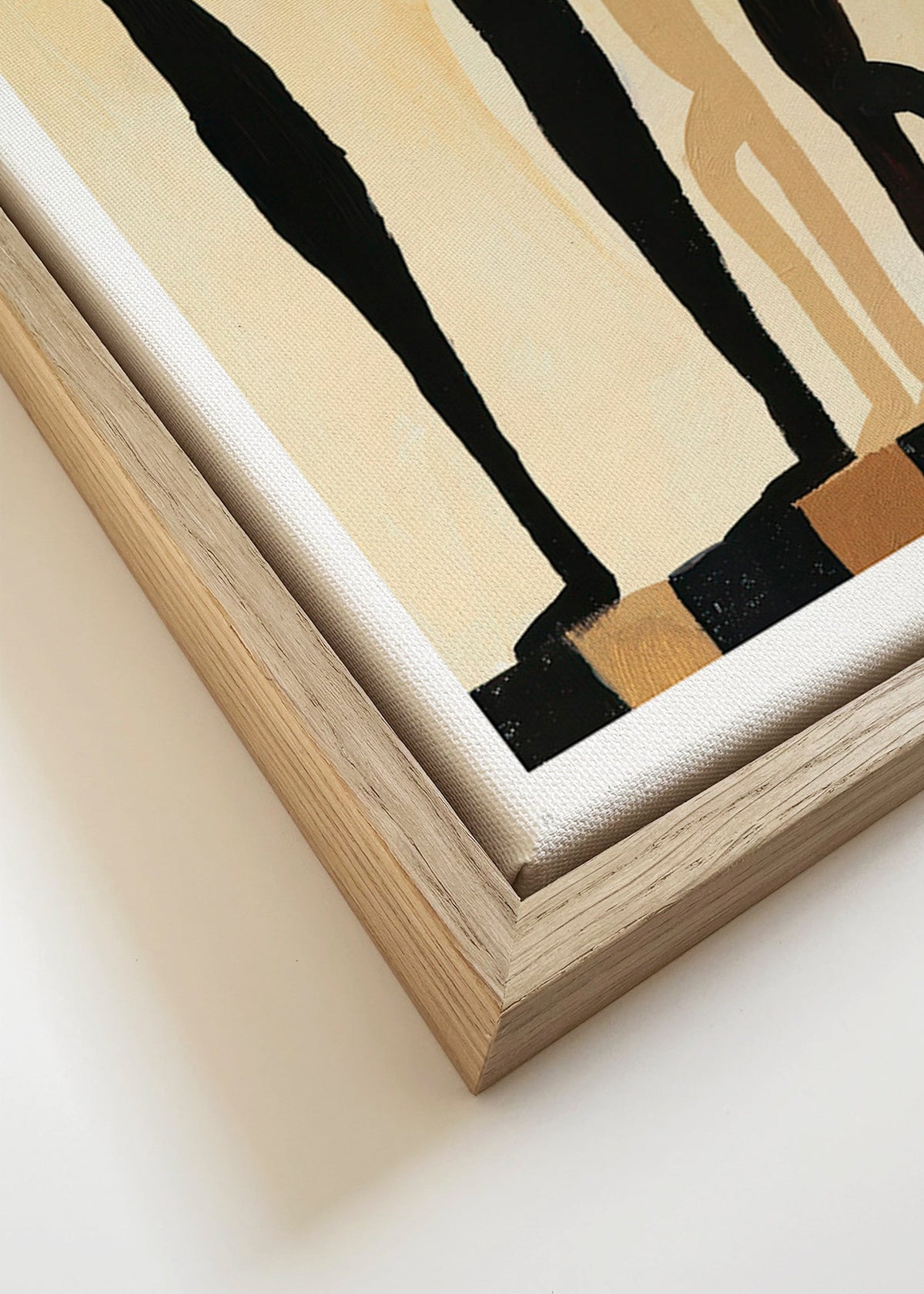 Cuadro abstracto de figuras alargadas sobre beige – Canvas detail
