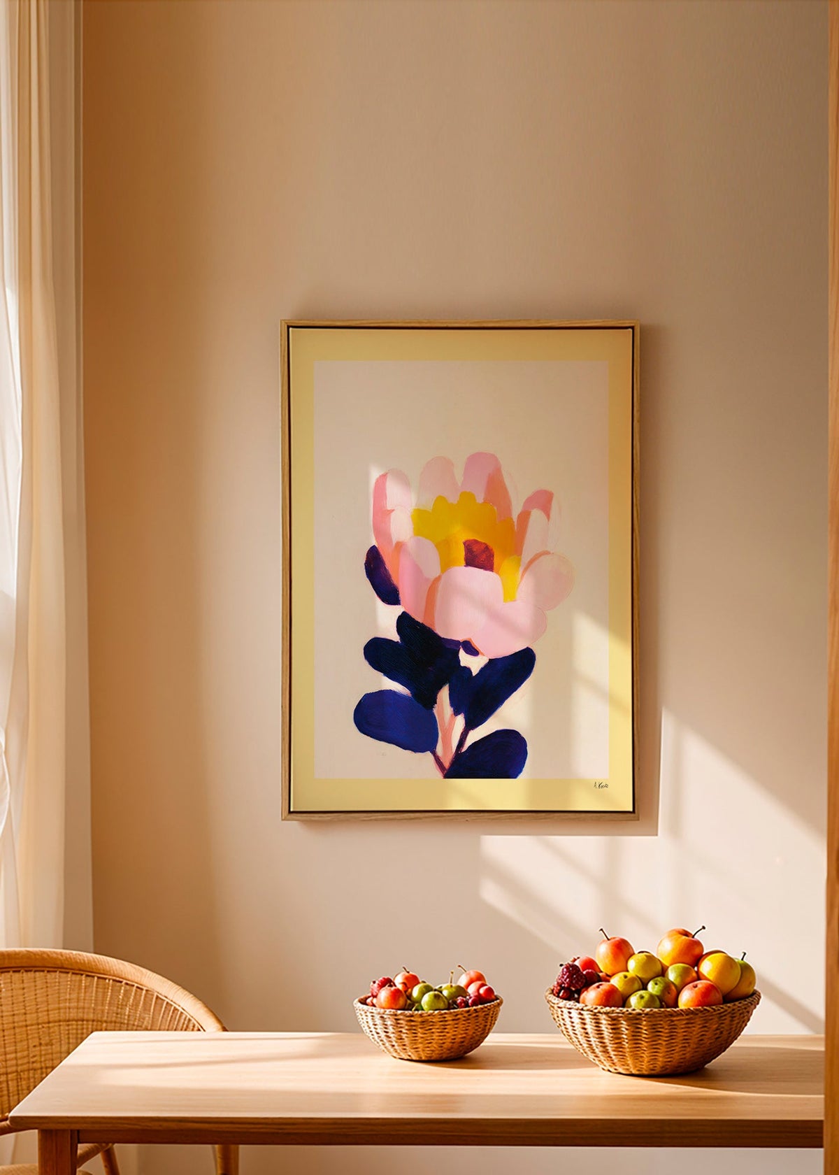 Lámina botánica: flor rosa con hojas azul profundo – Canvas1
