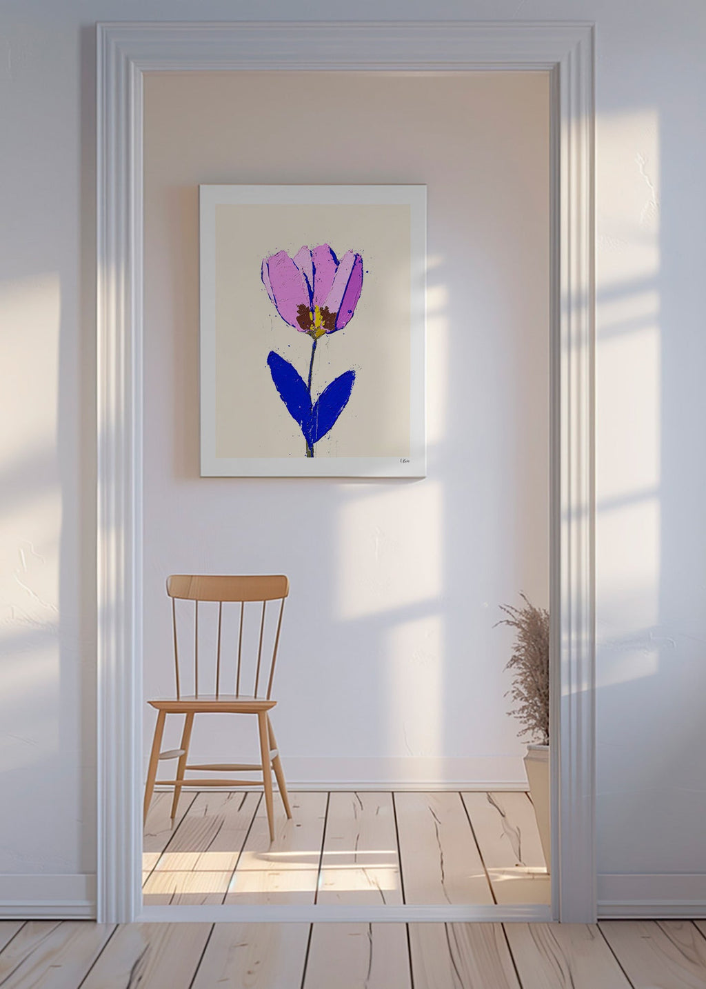Lámina botánica con flor violeta y hoja azul – Canvas