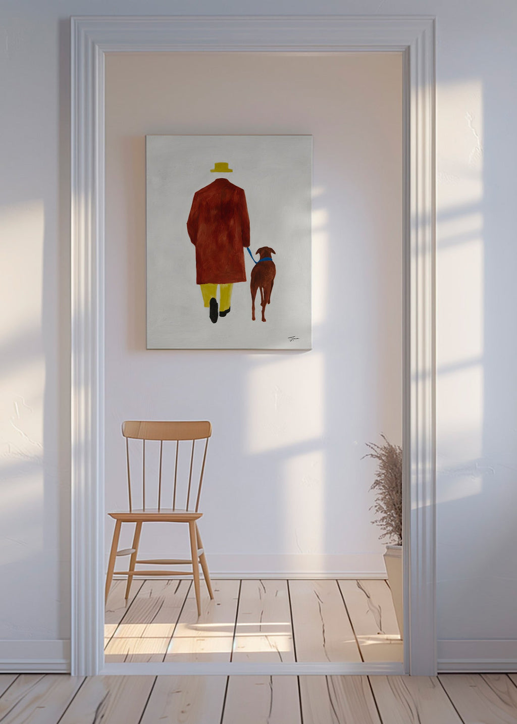 Ilustración de paseo con perro y sombrero amarillo – Canvas