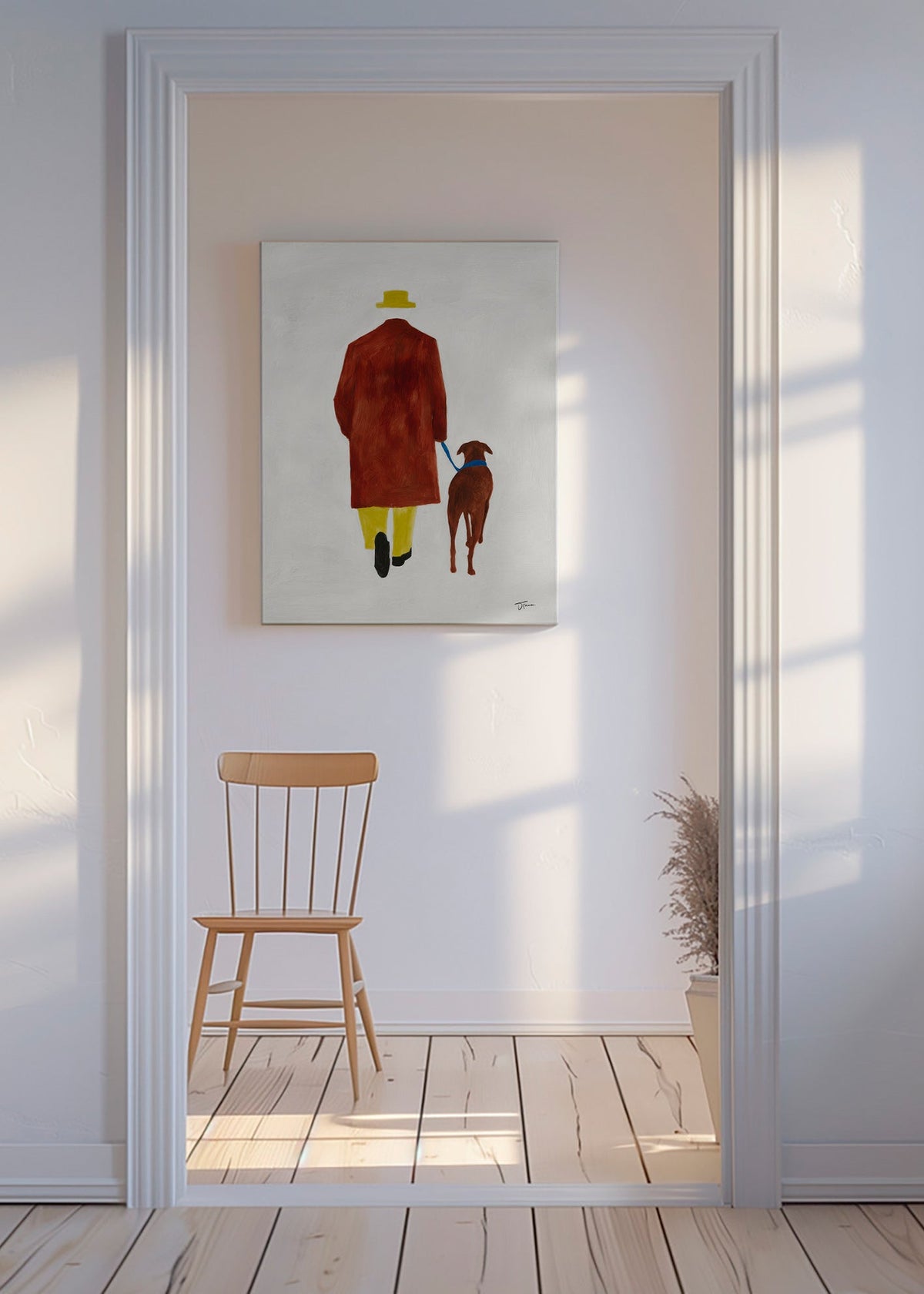 Ilustración de paseo con perro y sombrero amarillo – Canvas