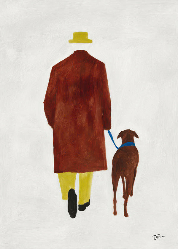 Ilustración de paseo con perro y sombrero amarillo
