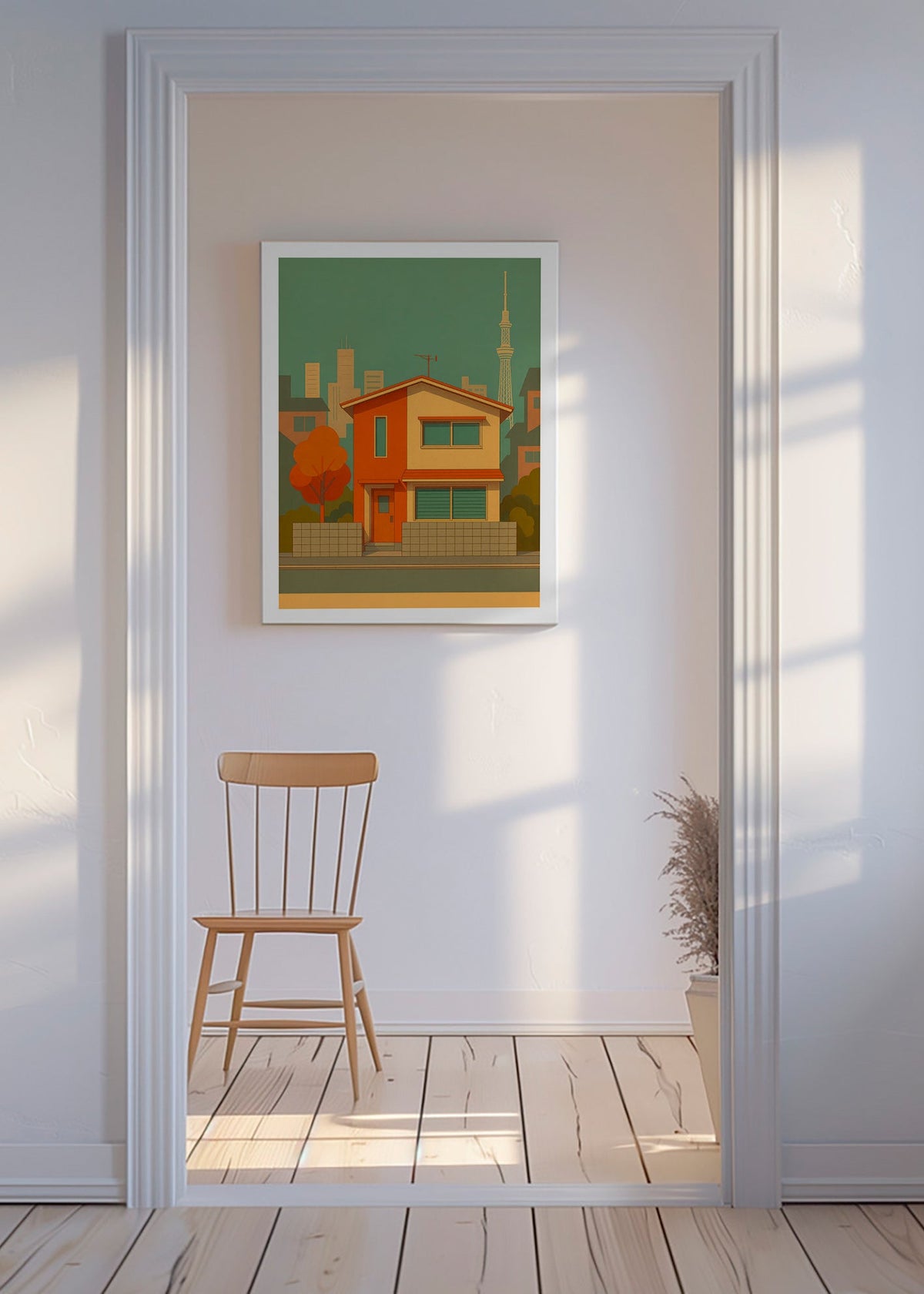 Cuadro de ciudades: casa japonesa ilustrada en paleta retro – Canvas