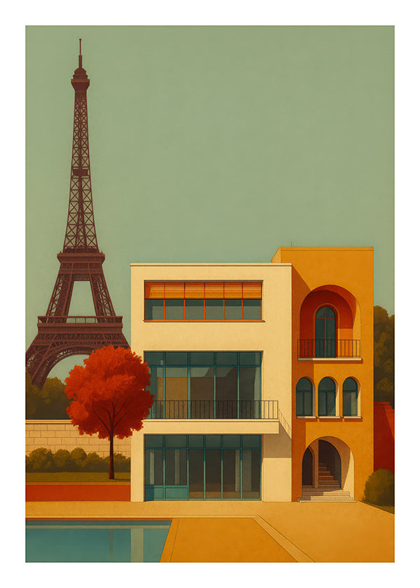 Cuadro de ciudades con casa moderna y Torre Eiffel