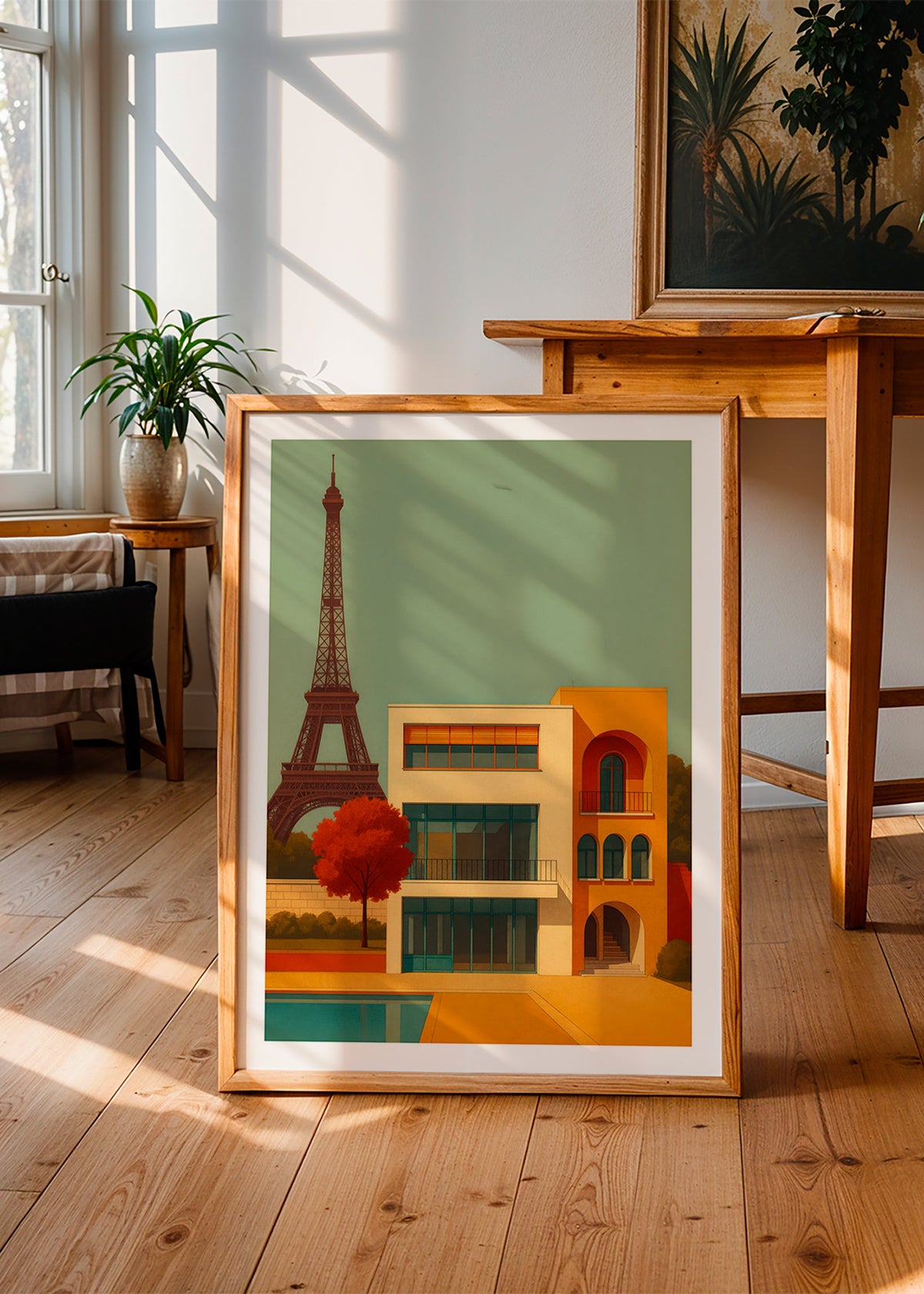 Cuadro de ciudades con casa moderna y Torre Eiffel – Product1