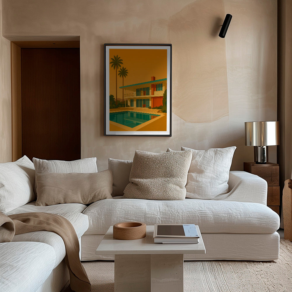 Cuadro villa moderna con piscina en hora dorada – Canvas1