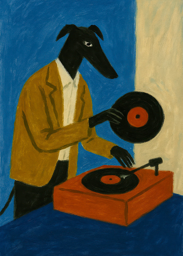 Ilustración de DJ perro con vinilo