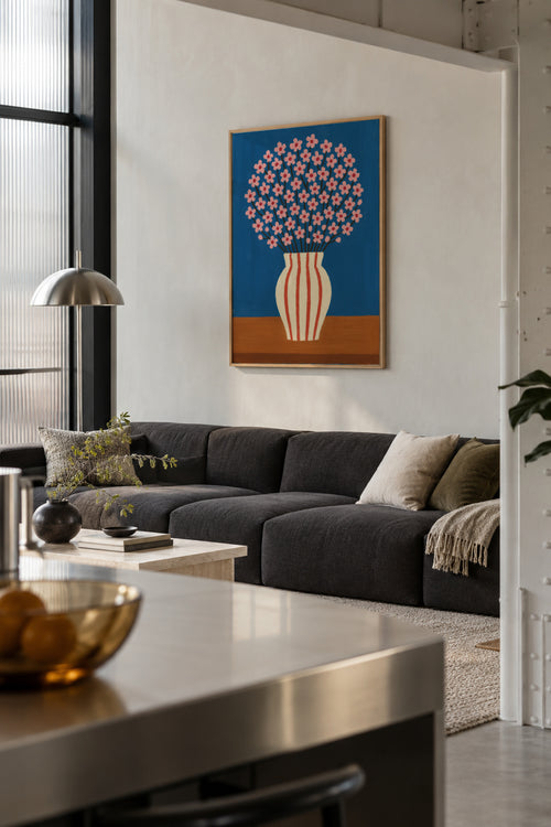 Blue Vase Bloom - Framed poster in an interior