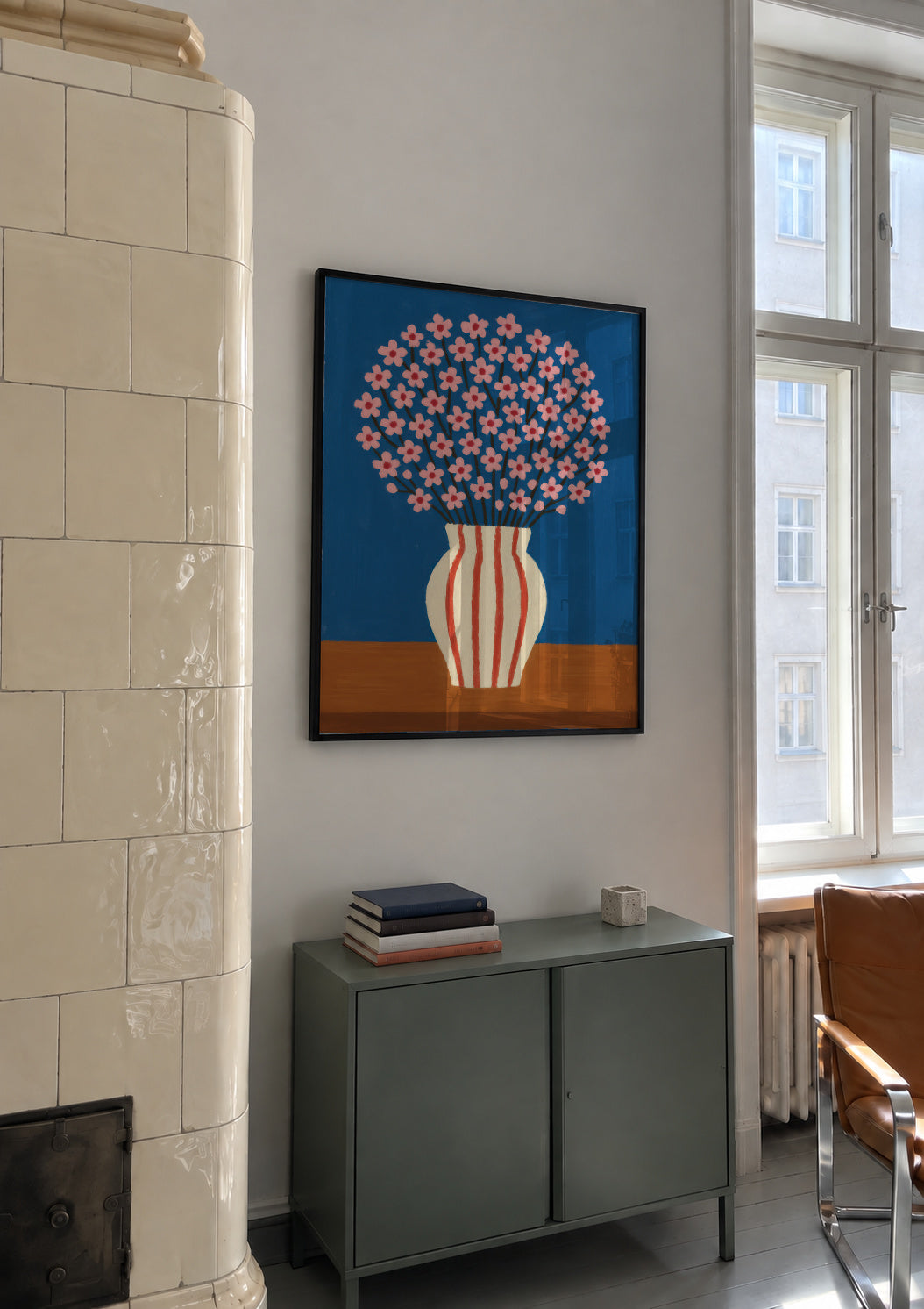 Blue Vase Bloom - Framed poster in an interior