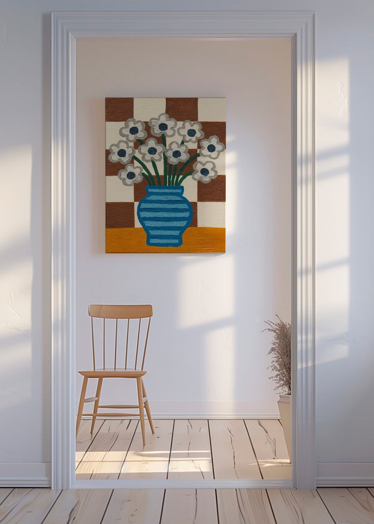 Lámina botánica: jarrón azul con flores y fondo ajedrezado – Canvas