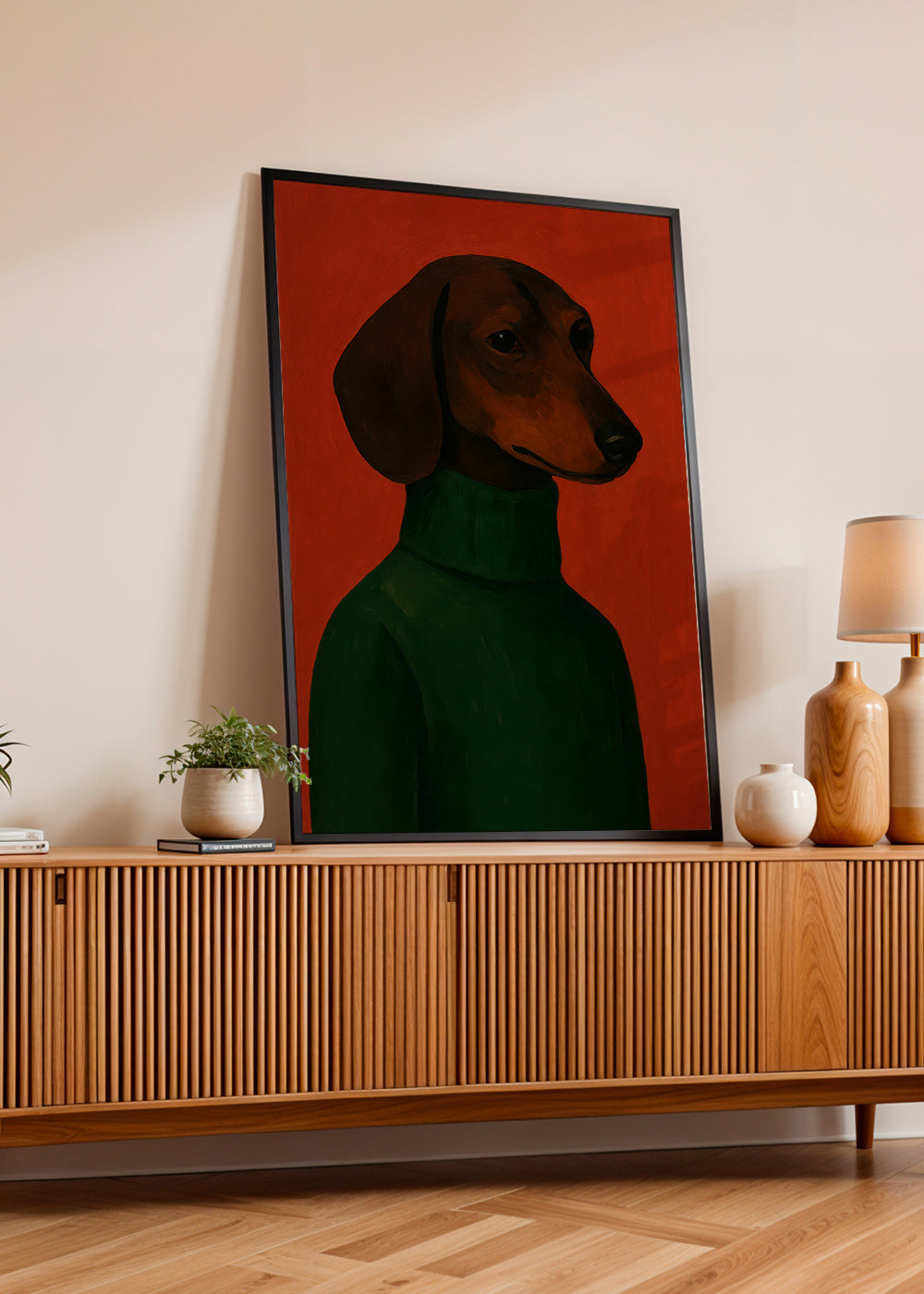 Cuadro retrato de perro salchicha con jersey verde – Product2