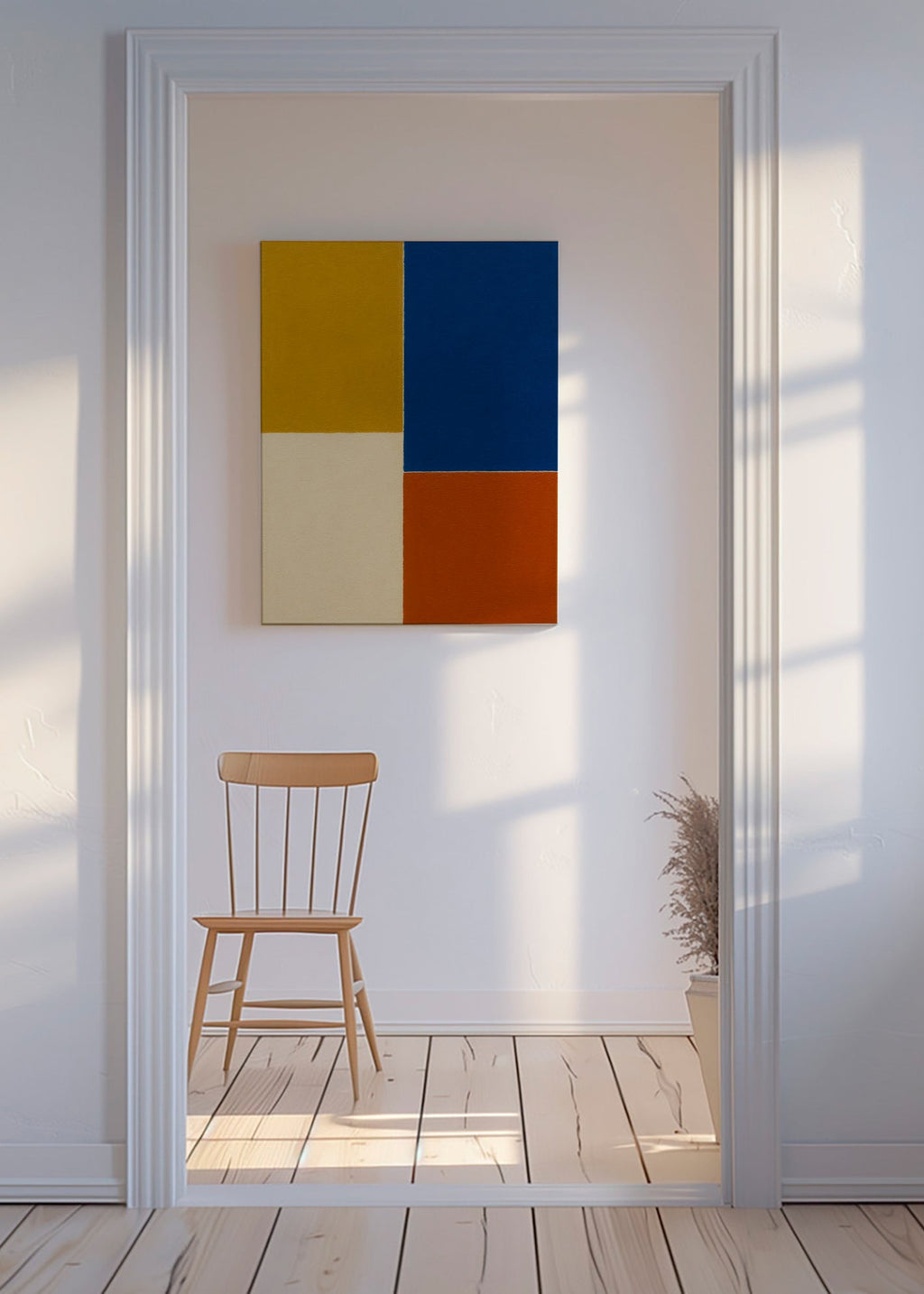 Cuadro abstracto de bloques mostaza y azul – Canvas