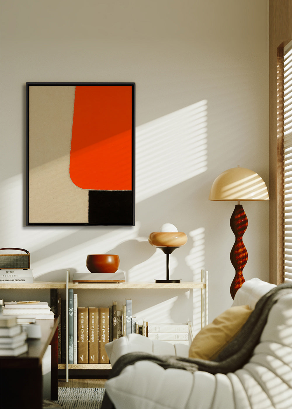 Cuadro geométrico con bloque naranja y base negra – Canvas1