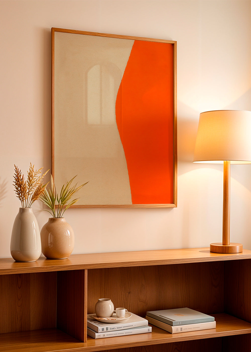 Cuadro abstracto con curva naranja y beige – Product1