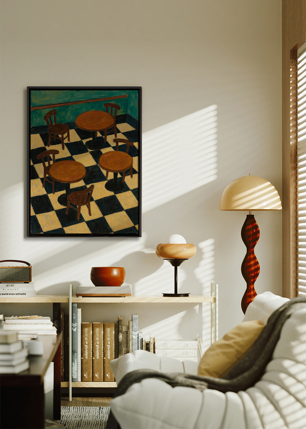 Cuadro de cocina con mesas bistró y suelo ajedrez – Canvas1
