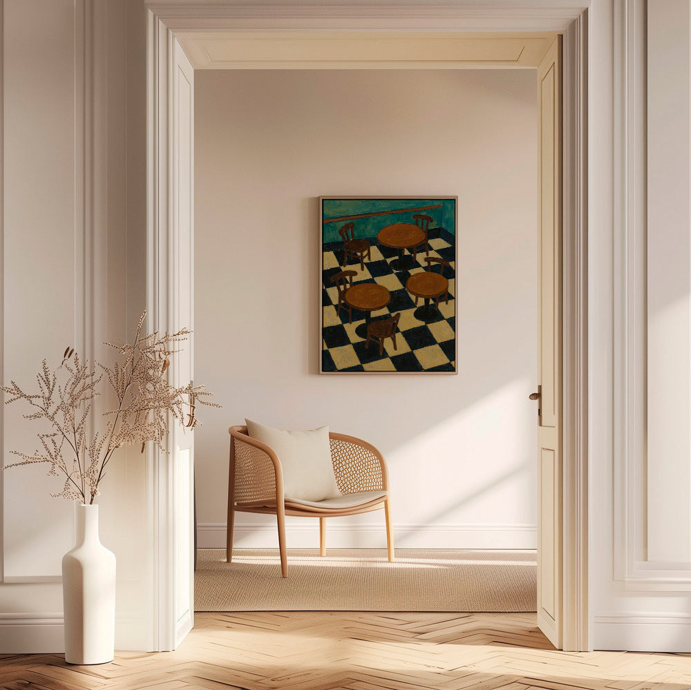 Cuadro de cocina con mesas bistró y suelo ajedrez – Canvas2