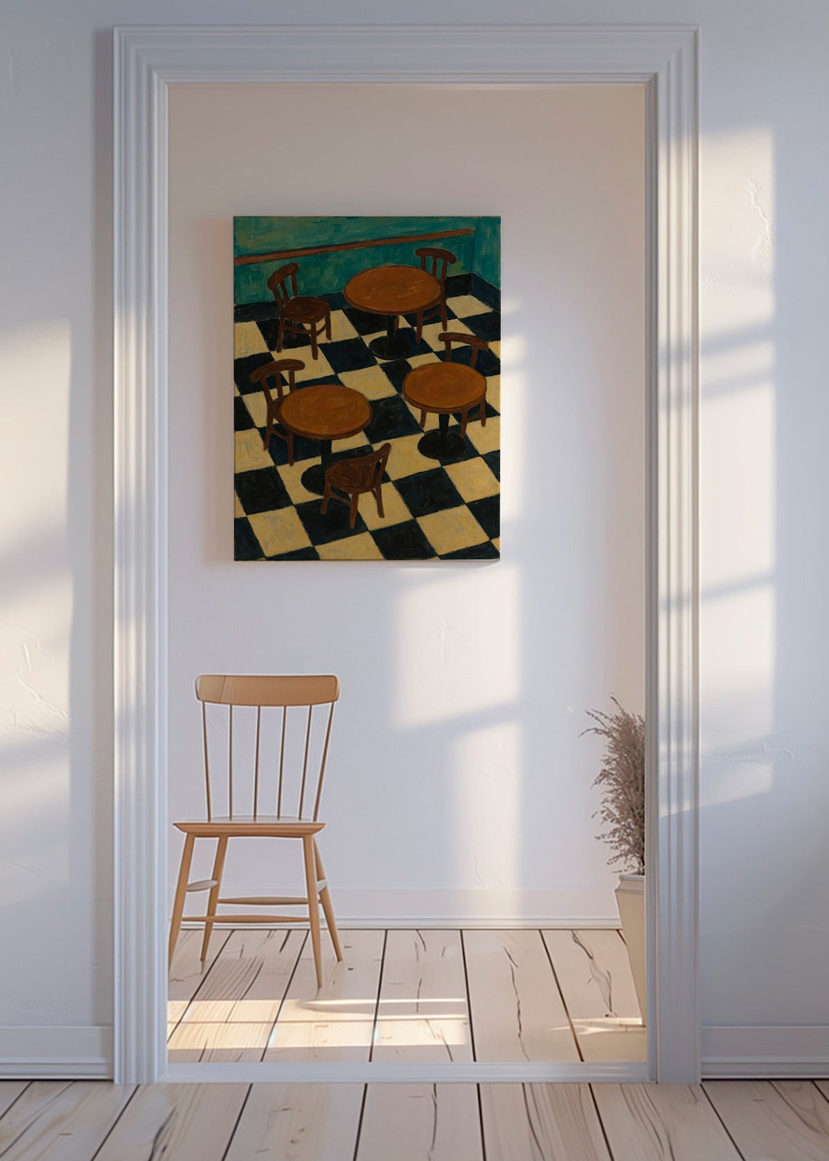 Cuadro de cocina con mesas bistró y suelo ajedrez – Canvas