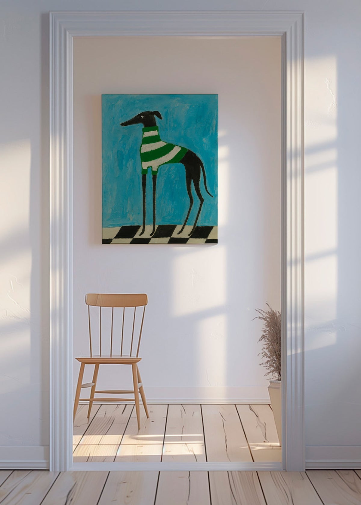Cuadro perro estilizado con jersey a rayas verdes – Canvas