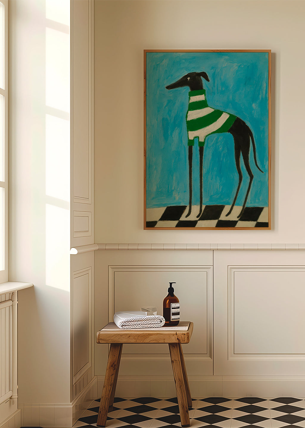 Cuadro perro estilizado con jersey a rayas verdes – Product1