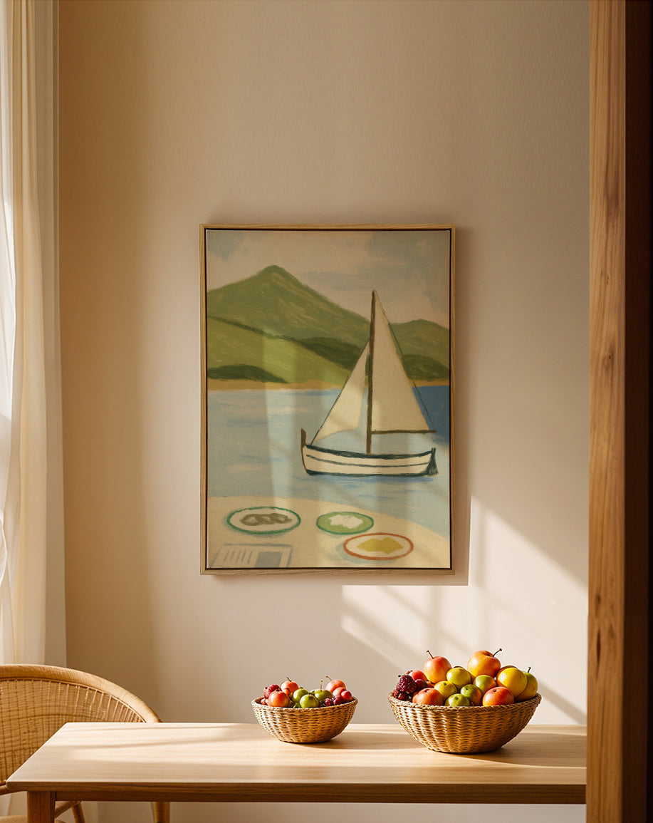 Lakeside Sailing - Framed canvas in an interior