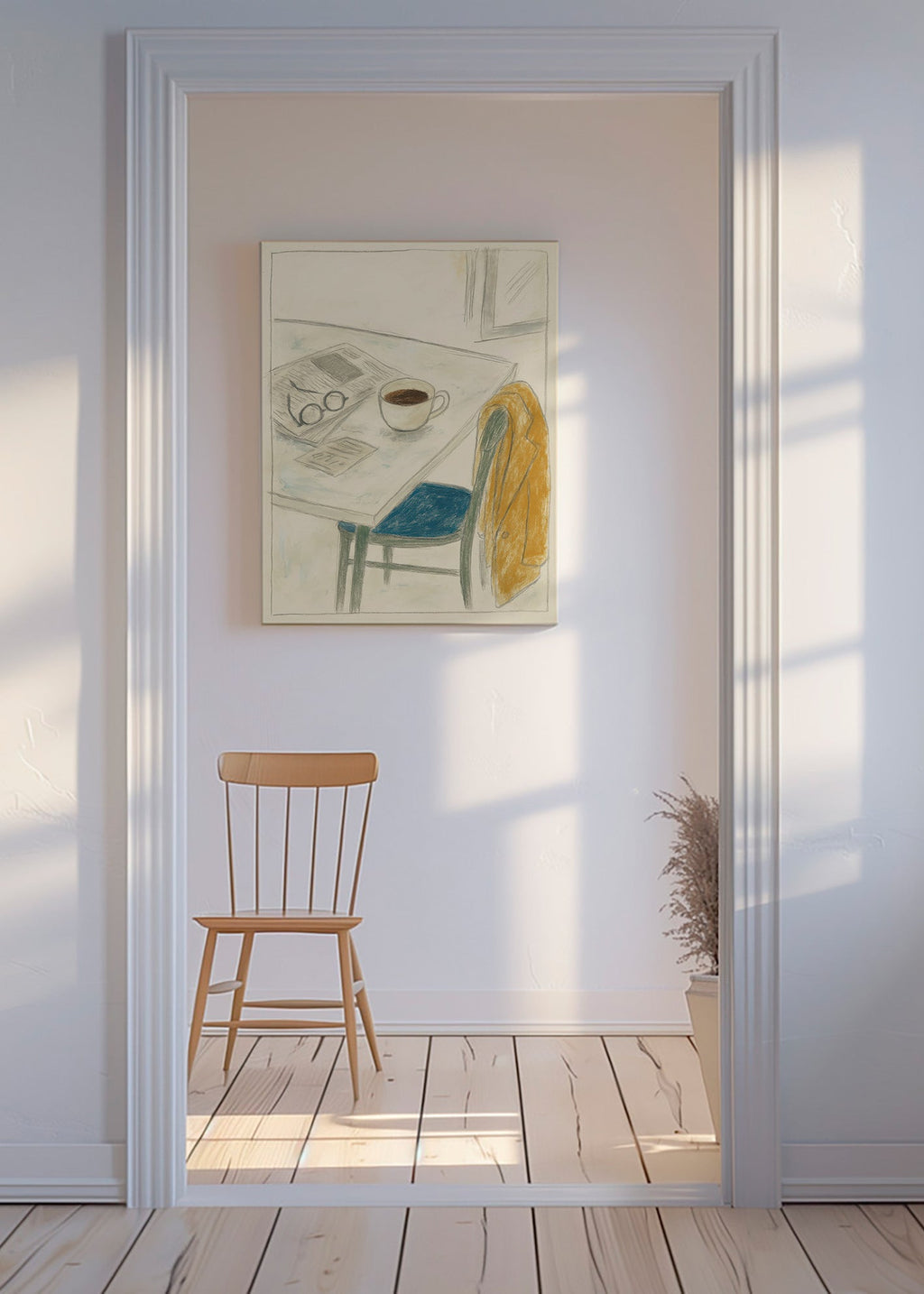 Cuadro de cocina con taza y abrigo informal – Canvas
