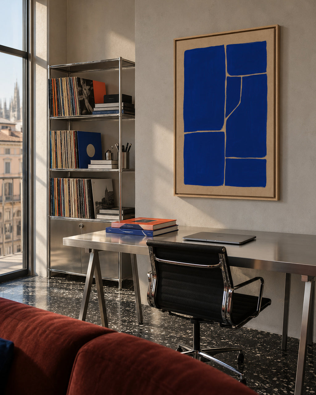 Blue Fractures - Framed canvas in an interior
