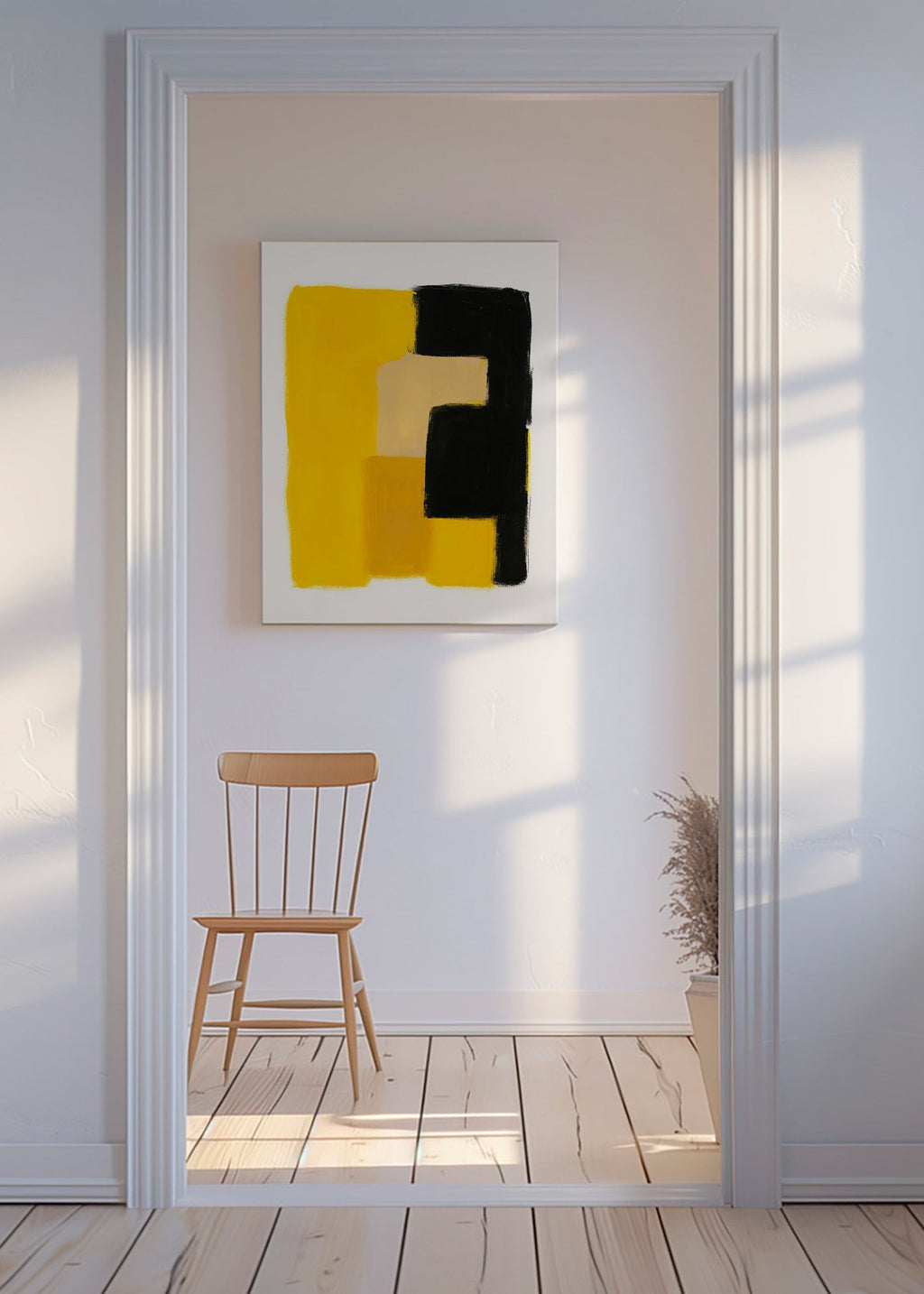 Cuadro abstracto amarillo y negro con bloques gestuales – Canvas