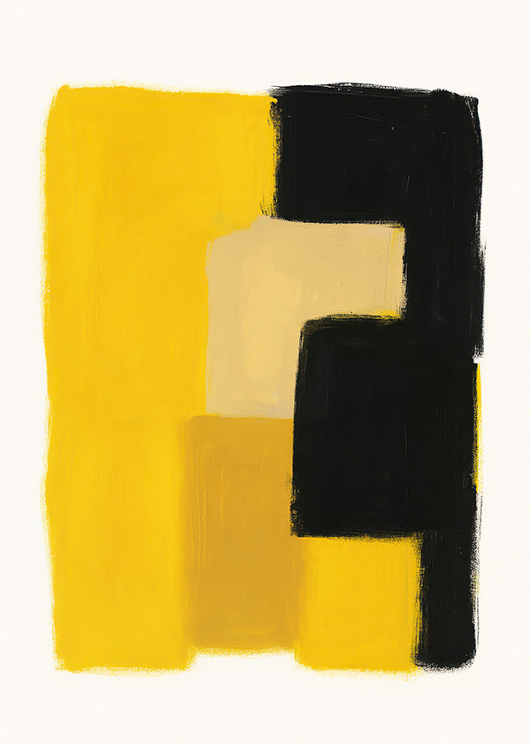 Cuadro abstracto amarillo y negro con bloques gestuales