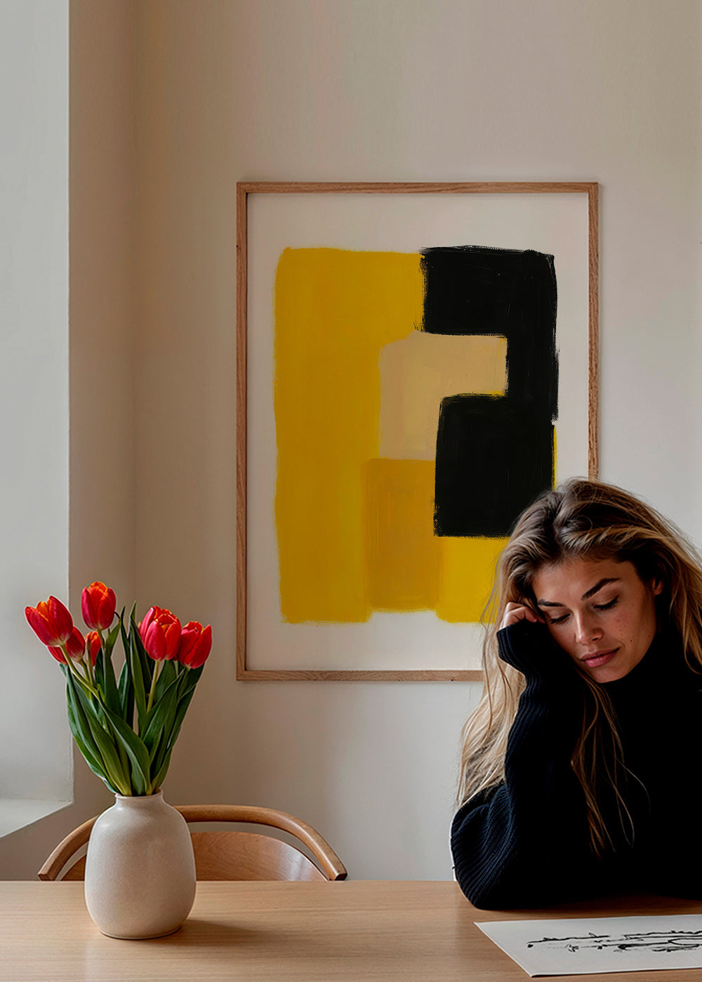 Cuadro abstracto amarillo y negro con bloques gestuales – Product2