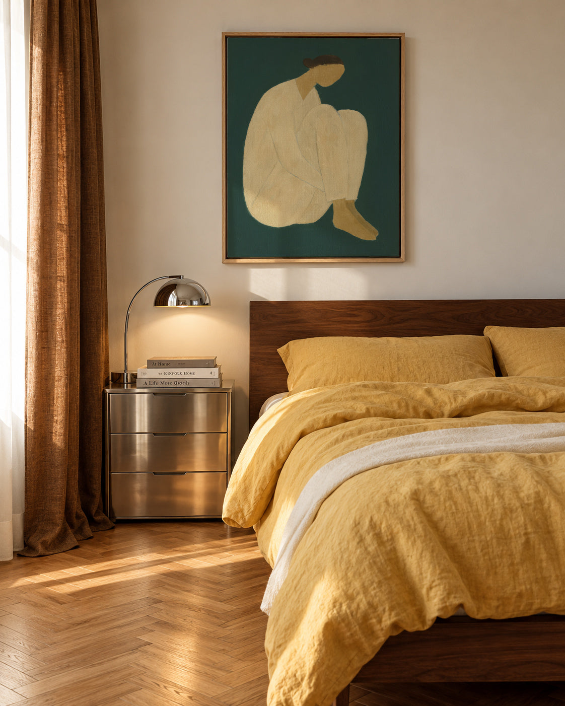 Golden Contemplation - Framed canvas in an interior