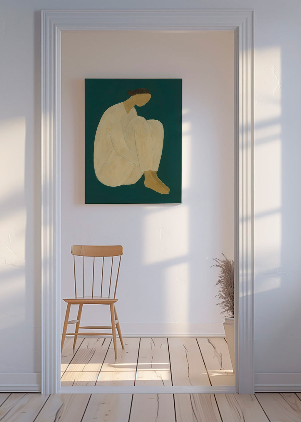Cuadro minimalista de figura sentada sobre fondo verde – Canvas