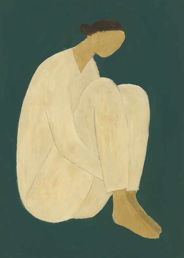 Cuadro minimalista de figura sentada sobre fondo verde
