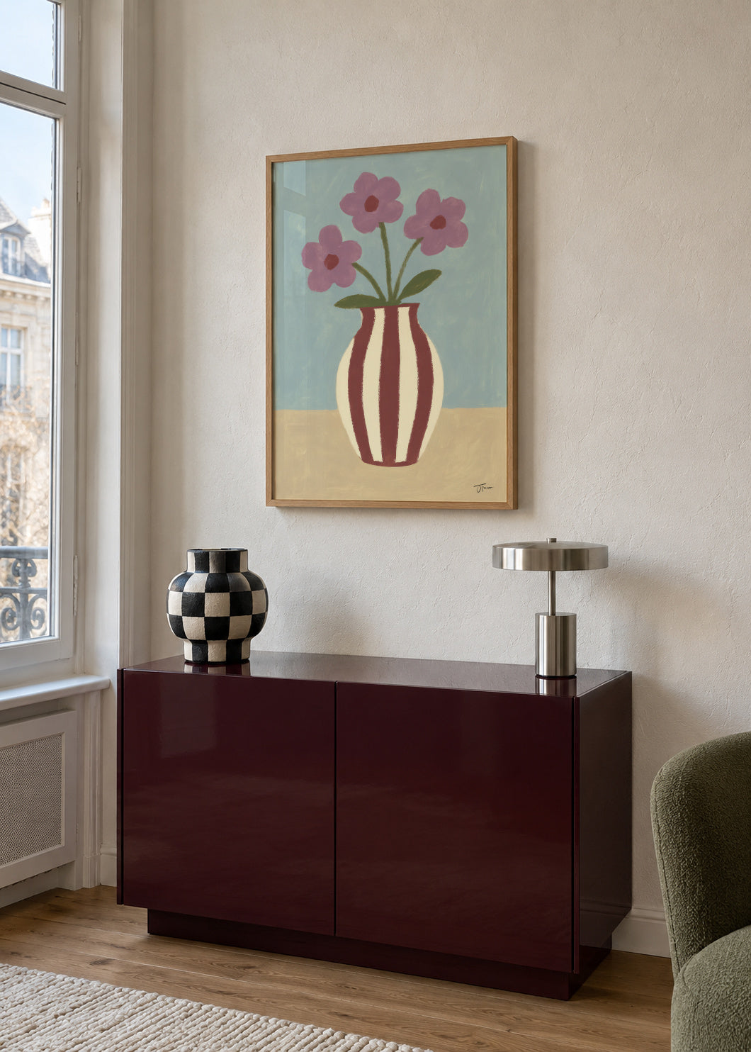 Burgundy Lines - Framed poster in an interior