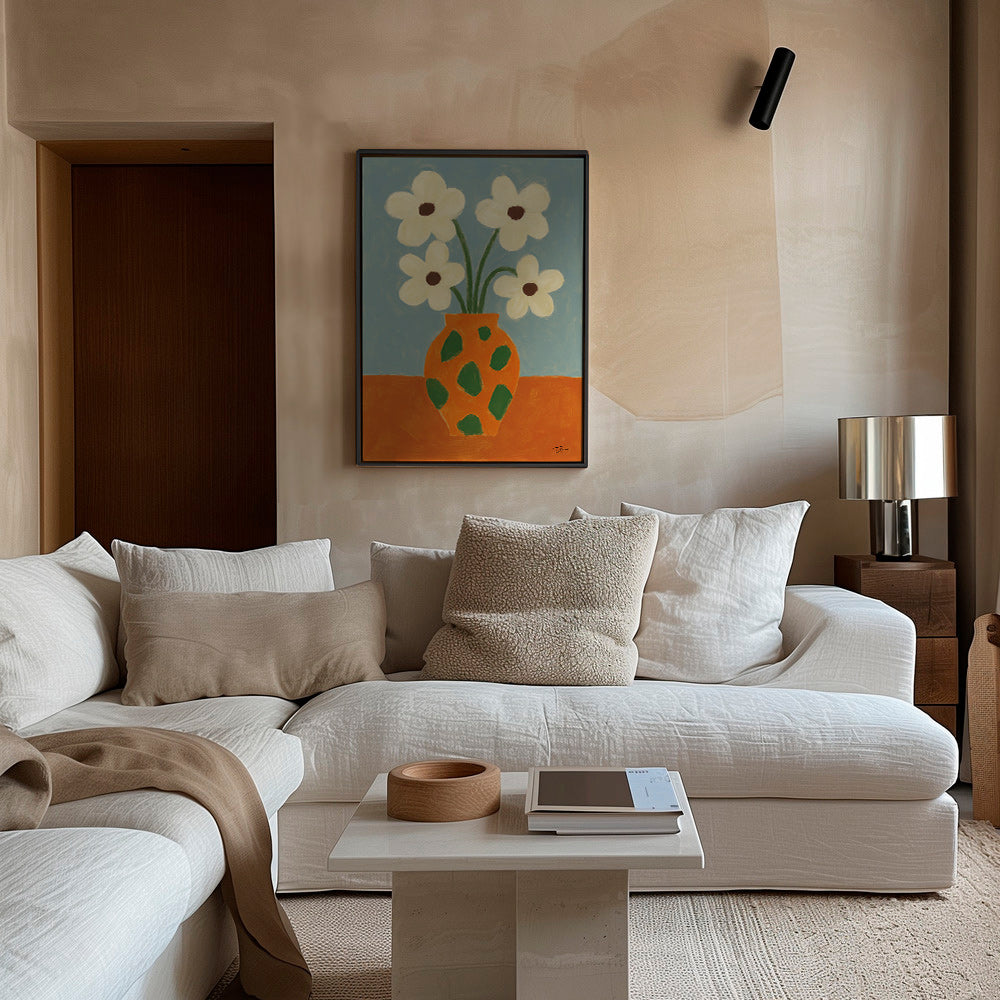 Lámina botánica: jarrón naranja con flores – Canvas1